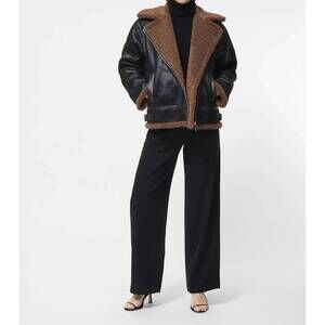 NEW FRENCH CONNECTION vegan shearling zip up jacket in black/brown